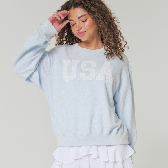 Hollister Tops - HOLLISTER USA Graphic Crewneck Sweatshirt Oversized Easy Light Blue Long Top L